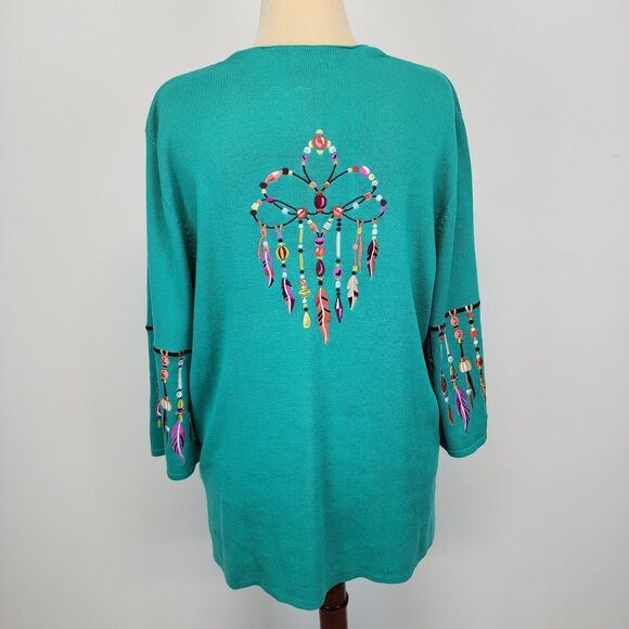 Bob Mackie Wearable Art Cardigan Sweater Size XL Green Dreamcatcher Embroidered - Picture 2 of 16